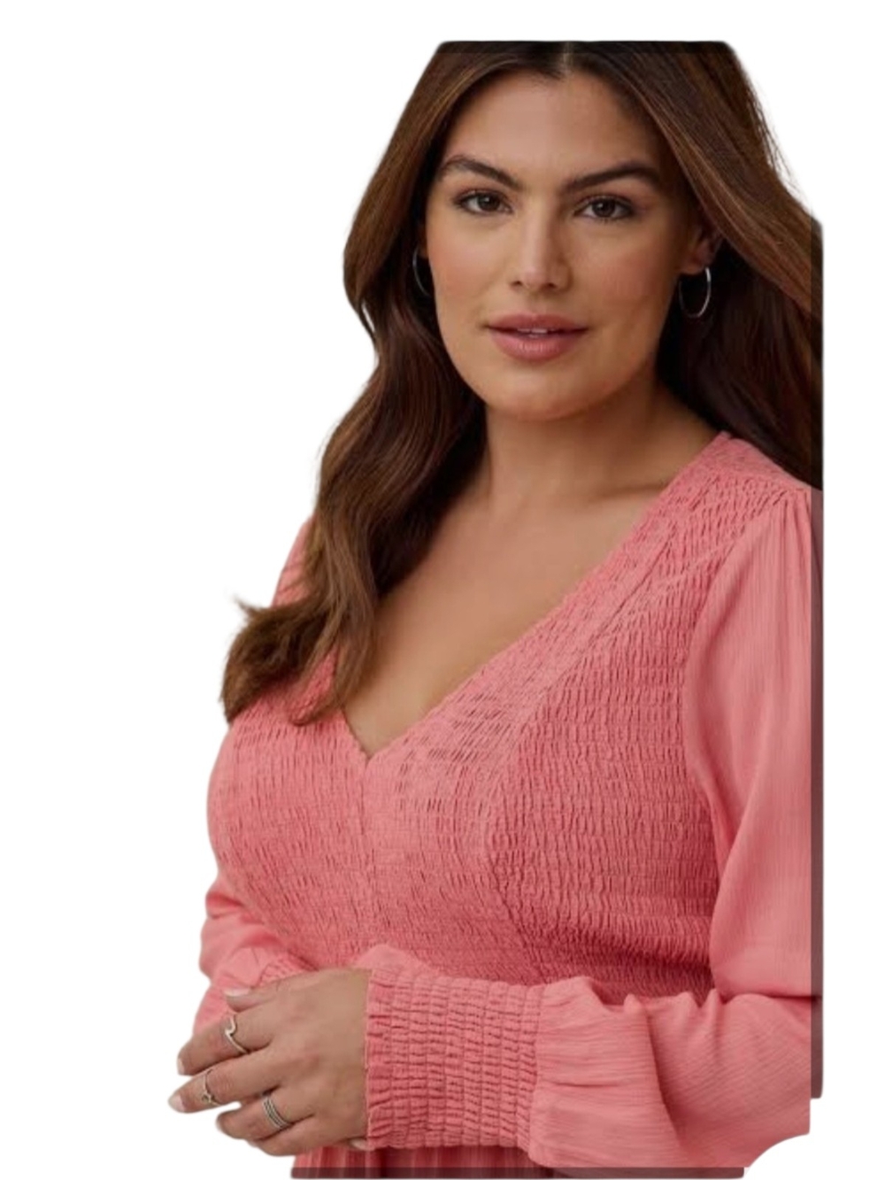 torrid Coral Pink Smocked V-Neck Peplum Tunic - Picture 3 of 7